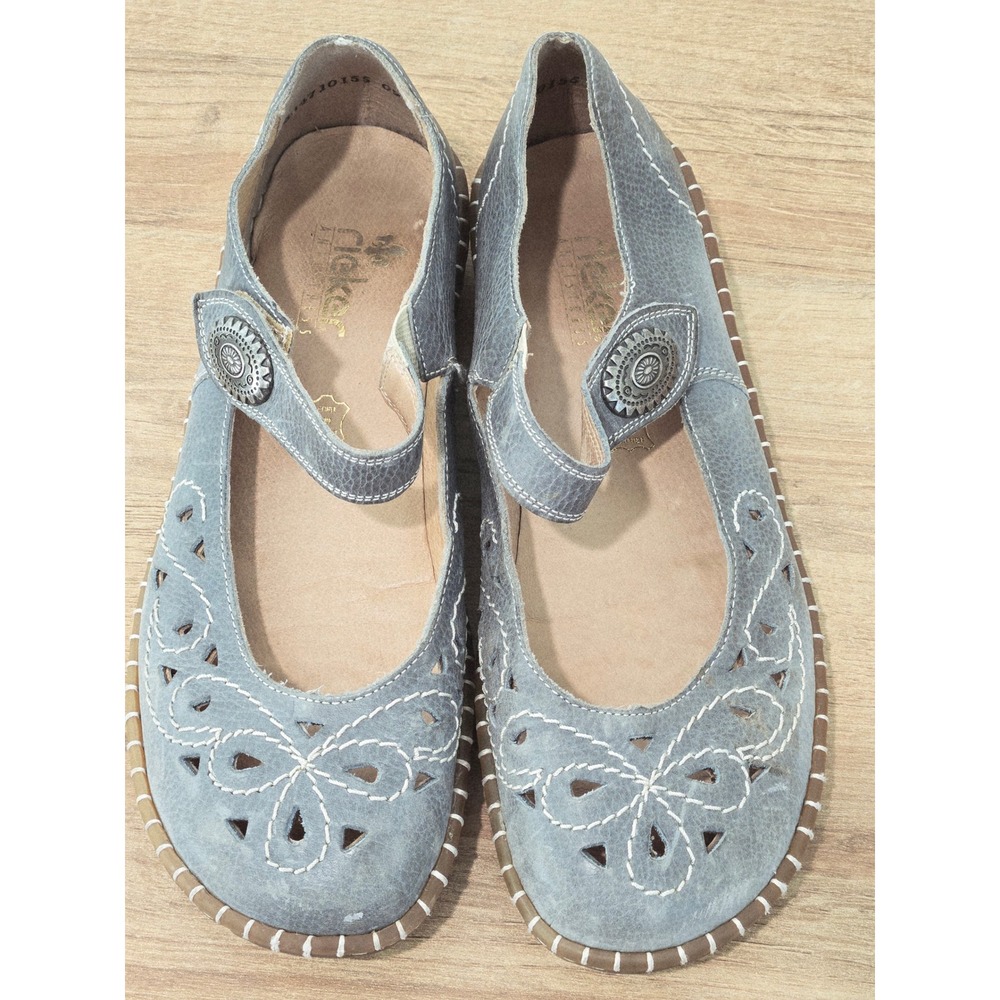 Rieker Antistress Mary Jane Flats 38/7-7.5 Blue Grey Leather Laser Cutout Shoes - Picture 7 of 9